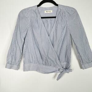 Madewell 2XS Blue White Striped Wrap Tie Blouse Top 3/4 Sleeves Cotton VNeck